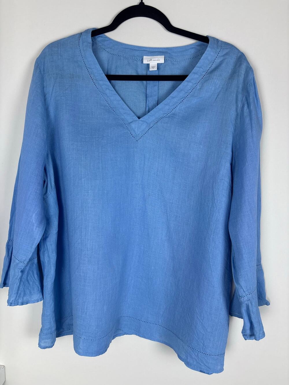 Jill Love Linen Womens XL Blue 100% Linen V Neck Blouse 3/4 Bell Sleeve